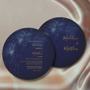 Evening Sky Astral Gold Stars Blue Round Wedding Invitation