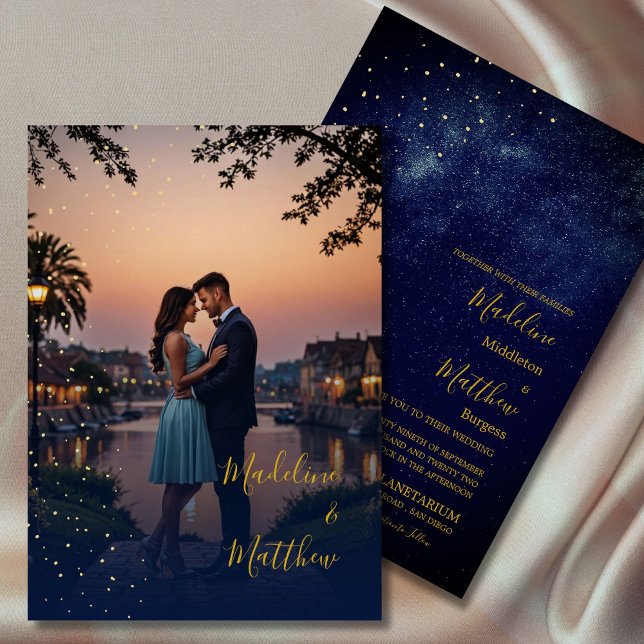 Evening Sky Astral Gold Stars Photo Blue Wedding Invitation (Creator Uploaded)