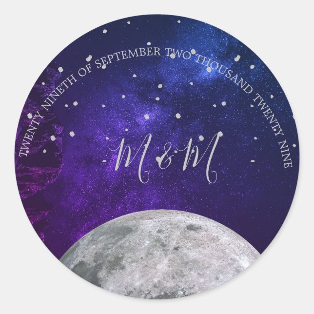 Evening Sky Moon Silver Stars Blue Purple Wedding Classic Round Sticker (Front)