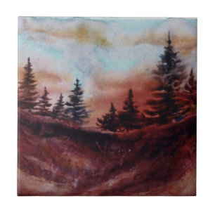 Evening sunset mountain ridge Pine Tree Tile