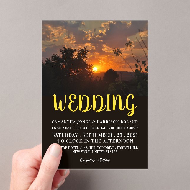 Evening Sunset Scene, Rustic Wedding Acrylic Invitations (Insitu (Handheld))