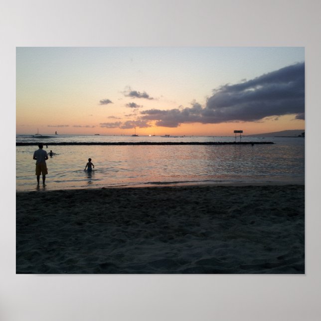 Evening Sunset Tropical Beach Waikiki Oahu Hawaii Poster (Front)