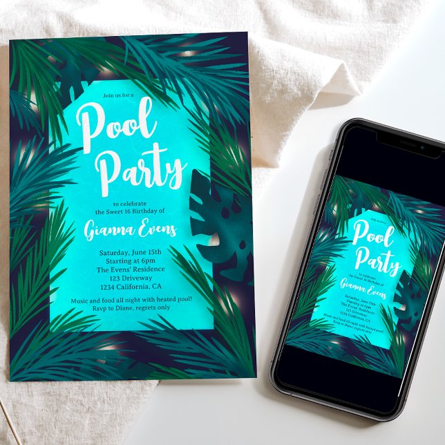 Evening Tropical palm lights pool party Sweet 16 Invitation (Evening Tropical palm lights pool party Sweet 16 Invitation)