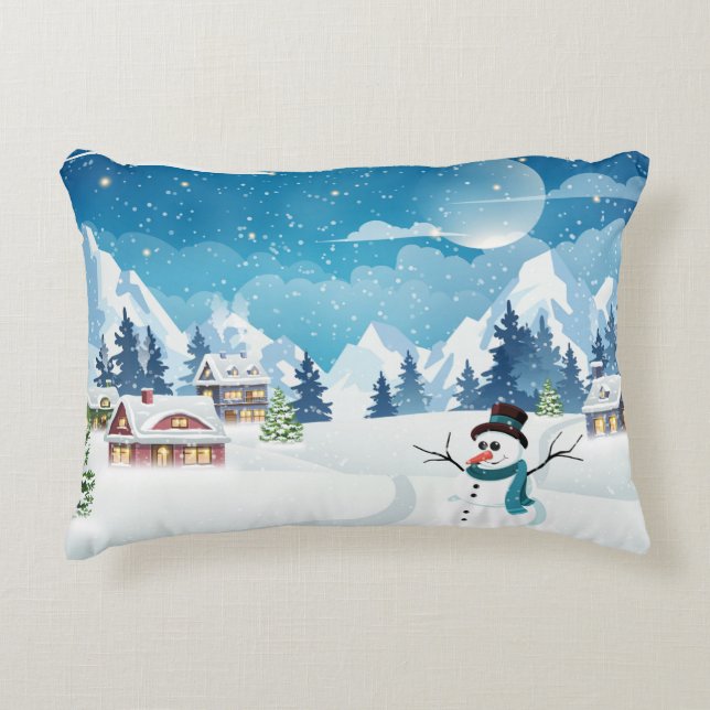 Evening village winter landscape with snow covered decorative cushion (Front)