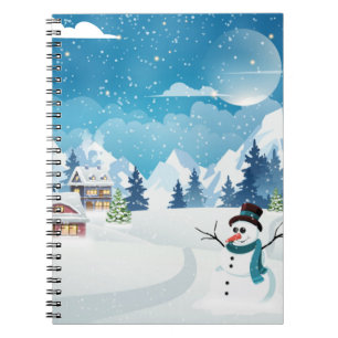 Evening village winter landscape with snow covered notebook