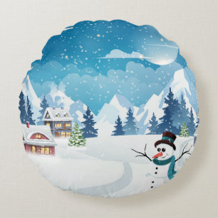 Evening village winter landscape with snow covered round cushion