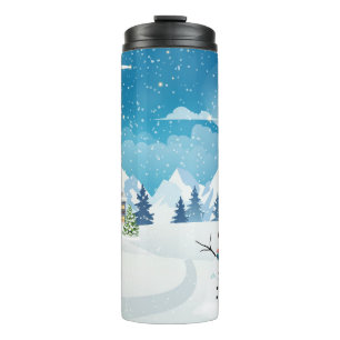 Evening village winter landscape with snow covered thermal tumbler