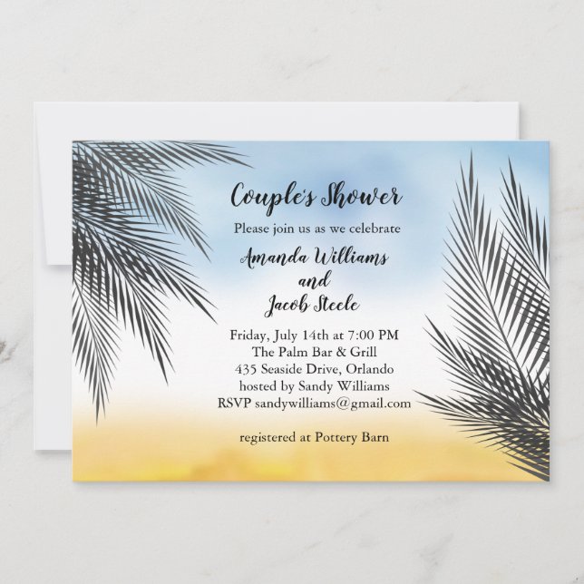Evening Watercolor Palm Leaves Couple's Shower Invitation (Front)
