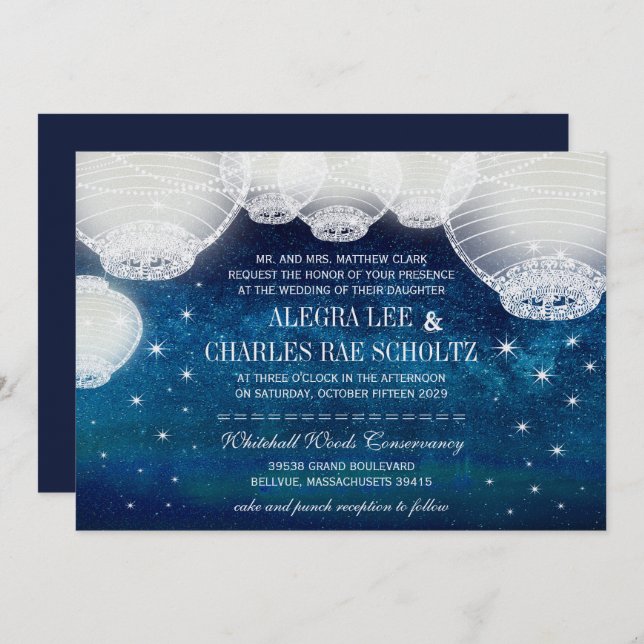 Evening Wedding Navy Paper Lantern Under the Stars Invitation (Front/Back)