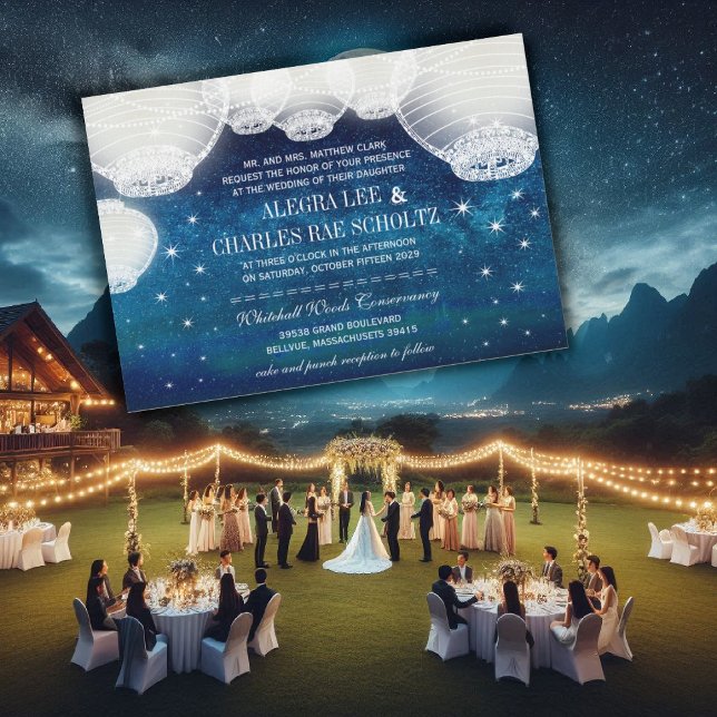 Evening Wedding Navy Paper Lantern Under the Stars Invitation (Creator Uploaded)