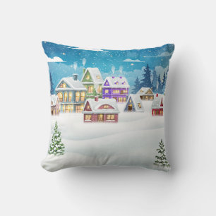 Evening winter village landscape with snow covered cushion
