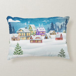 Evening winter village landscape with snow covered decorative cushion