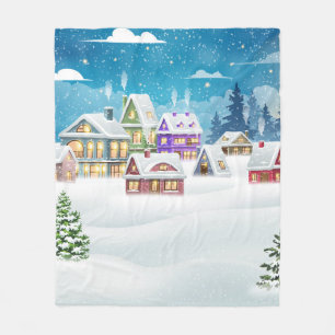 Evening winter village landscape with snow covered fleece blanket