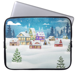 Evening winter village landscape with snow covered laptop sleeve