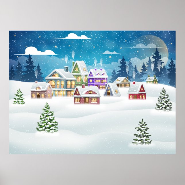 Evening winter village landscape with snow covered poster (Front)
