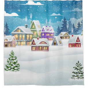 Evening winter village landscape with snow covered shower curtain