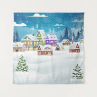 Evening winter village landscape with snow covered