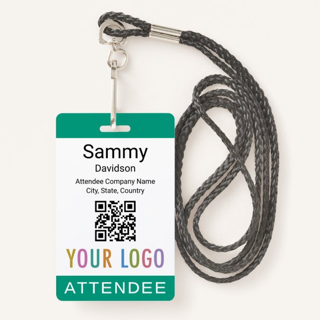 Event Attendee Badge QR Code Logo Emerald Green ID Badge (Front with Lanyard)