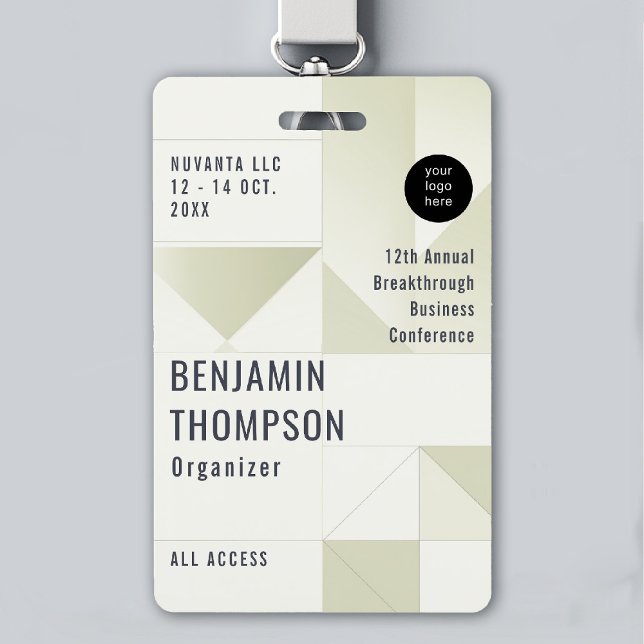 Event Conference Business Corporate Green ID Name Badge (event badge lanyard template business corporate conference geometric green sage modern professional)
