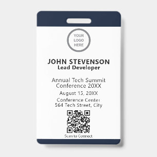 Event Employee ID Elegant Navy Blue QR Code Badge