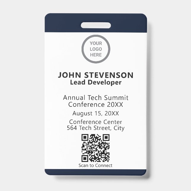 Event Employee ID Elegant Navy Blue QR Code Badge (Front)