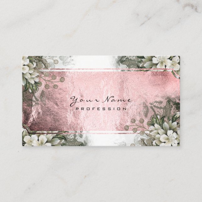 Event Floral Mint Green Pink Rose  White Gold Business Card (Front)