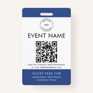Event Logo QR Code Guest Pass Name Blue White ID Badge
