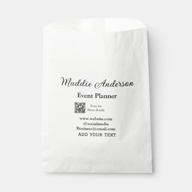 Event planner add name Q R code details website em Favour Bag (Front)
