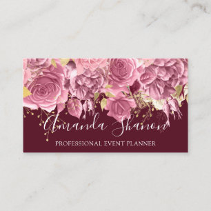 Event Planner Drips Roses QR Code Logo Burgundy Business Card