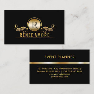 Event Planner   Elegant Gold Black Monogram Business Card