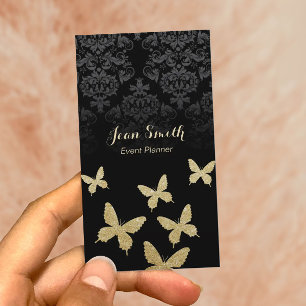 Event Planner Elegant Gold Butterflies Dark Damask Business Card
