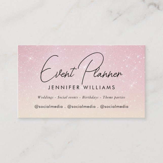 Event Planner Elegant Rose Gold Pink Glitter Business Card (Front)