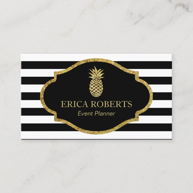 Event Planner Gold Pineapple Modern Stripes Business Card (Front)