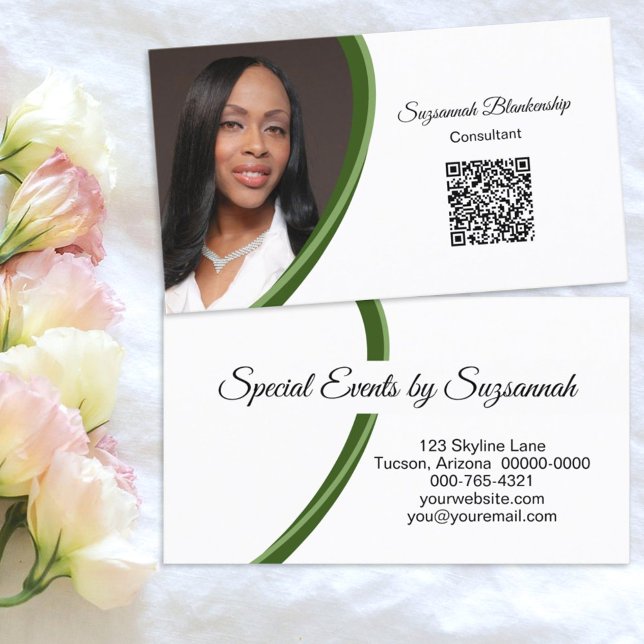 Event Planner Green White Custom Photo QR Code Business Card (Creator Uploaded)