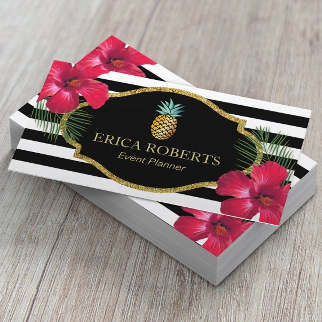 Event Planner Hawaiian Pineapple Modern Stripes Business Card (Creator Uploaded)