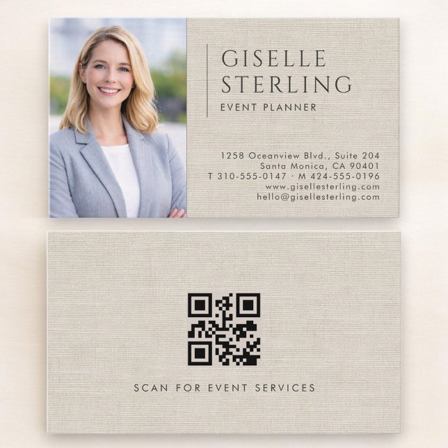 Event Planner Linen Photo QR Code Business Card (Creator Uploaded)
