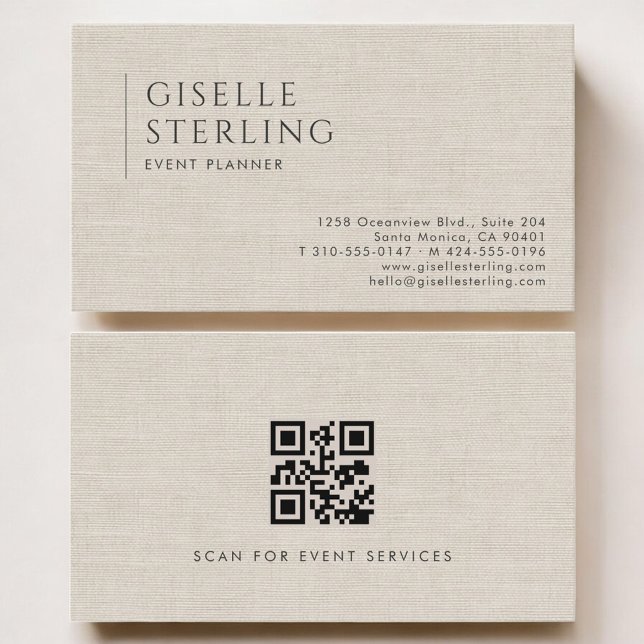 Event Planner Luxury Neutral Linen QR Code Business Card (Creator Uploaded)