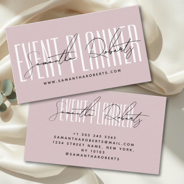 Event planner modern typography script dusty pink business card (Creator Uploaded)