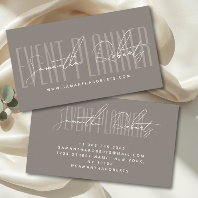 Event planner modern typography script taupe business card (Creator Uploaded)