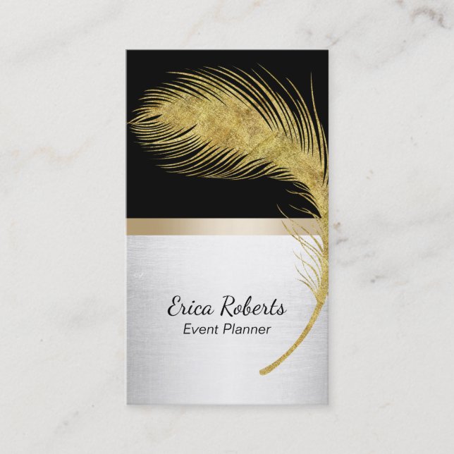 Event Planner Peacock Feather Modern Black & Gold Business Card (Front)