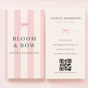 Event Planner Pink Green Striped Bow QR Code Business Card