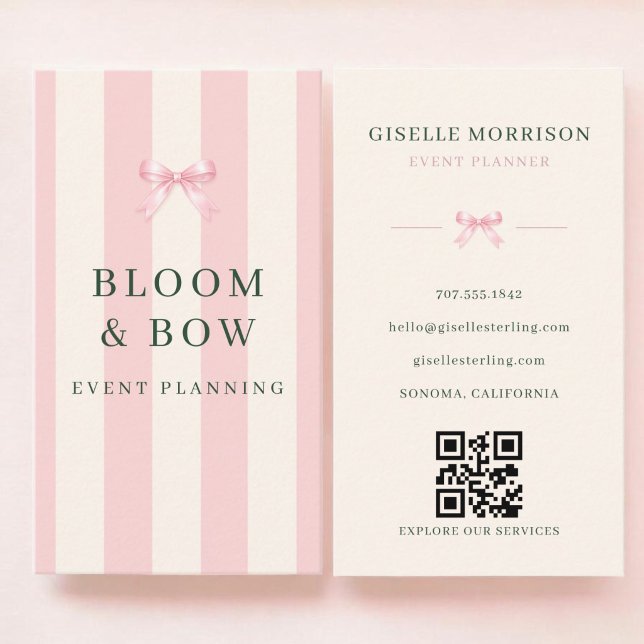 Event Planner Pink Green Striped Bow QR Code Business Card (Creator Uploaded)