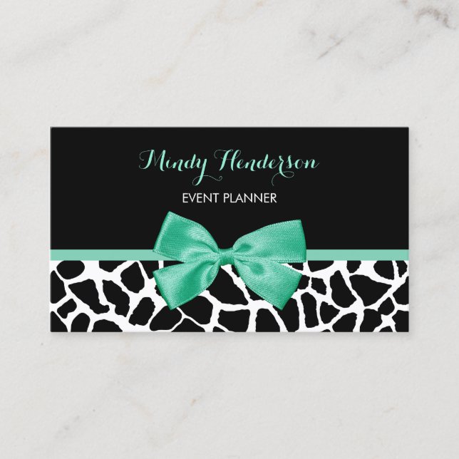 Event Planner Pretty Giraffe Print Mint Green Bow Business Card (Front)