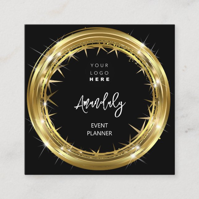 Event Planner QR Code Logo Black White Gold Frame  Square Business Card (Front)