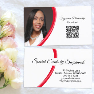 Event Planner Red White Custom Photo QR Code Business Card