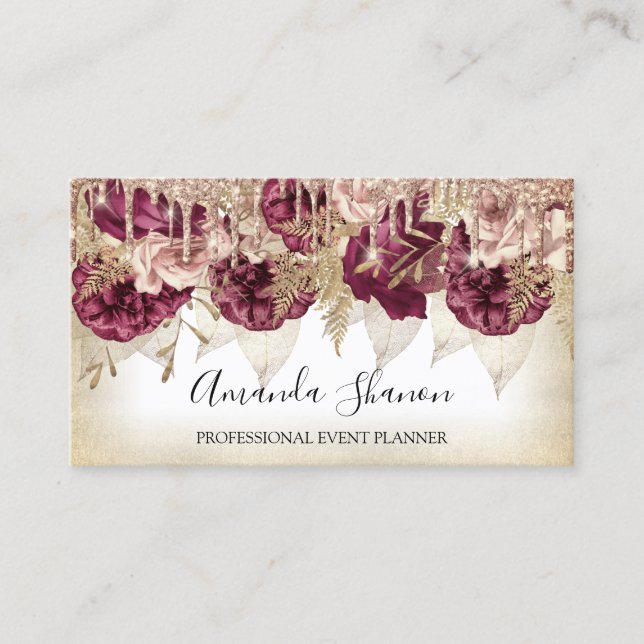 Event Planner Roses Flowers Drips QR Logo Elegant Business Card (Front)