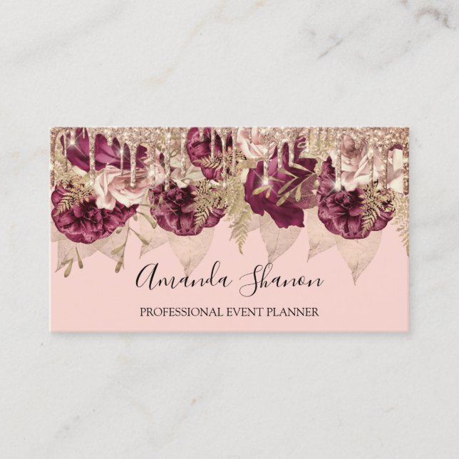 Event Planner Roses Flowers Drips QRCODE Logo Business Card (Front)