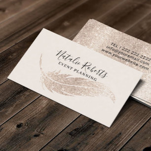 Event Planning Modern Ivory Gold Glitter Feather Business Card