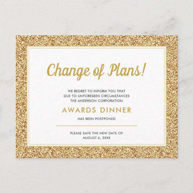 Event Postponed Cancelled Gold Glitter Postcard (Front)