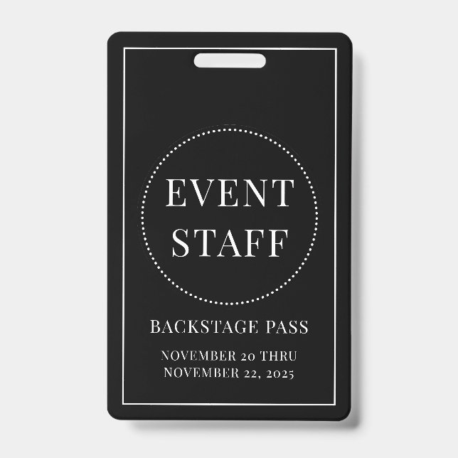 Event Staff Backstage Pass Black White ID Badge (Front)